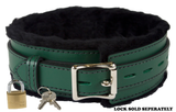 Locking Collar 2" Wide Green Leather with Black Faux Fur Lining