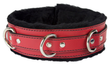 Locking Collar 2" Wide Red Leather with Black Faux Fur Lining