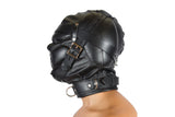 Black Total Sensory Deprivation Hood With Locking Buckles and Collar Genuine Leather