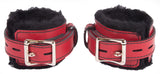 Locking Wrist Cuffs Red Leather with Black Faux Fur Lining