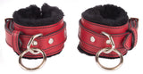 Locking Wrist Cuffs Red Leather with Black Faux Fur Lining