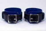 Locking Wrist Cuffs Blue and Black Leather Handcuffs