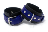 Rubber Wrist Cuffs Blue and Black BioThane Restraints