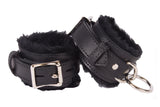 Locking Wrist Cuffs Black Leather with Black Faux Fur Lining