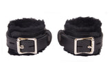 Locking Wrist Cuffs Black Leather with Black Faux Fur Lining