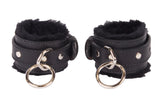 Locking Wrist Cuffs Black Leather with Black Faux Fur Lining