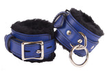 Locking Wrist Cuffs Blue Leather with Black Faux Fur Lining