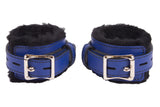 Locking Wrist Cuffs Blue Leather with Black Faux Fur Lining