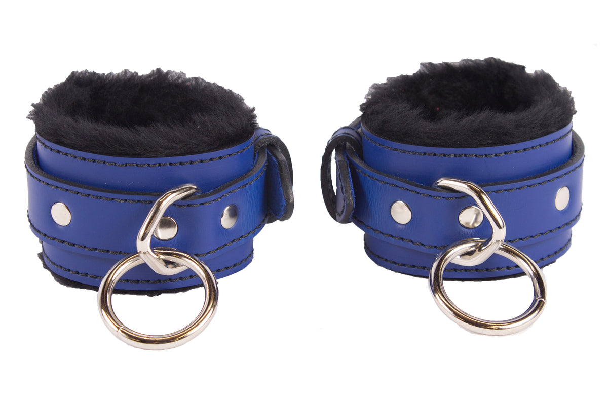 Locking Wrist Cuffs Blue Leather with Black Faux Fur Lining – The
