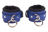 Locking Wrist Cuffs Blue Leather with Black Faux Fur Lining
