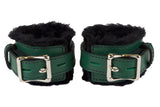 Locking Wrist Cuffs Green Leather with Black Faux Fur Lining