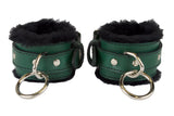 Locking Wrist Cuffs Green Leather with Black Faux Fur Lining