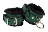 Locking Wrist Cuffs Green Leather with Black Faux Fur Lining