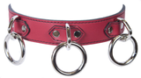 3 Ring Leather Bondage Collar: Red