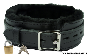 Locking Collar 2" Wide Black Leather with Black Faux Fur Lining