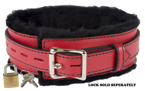 Locking Collar 2" Wide Red Leather with Black Faux Fur Lining