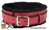 Locking Collar 2" Wide Red Leather with Black Faux Fur Lining