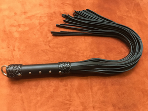 30" Black Leather Tail Whip, Heavy Duty Braided Handle