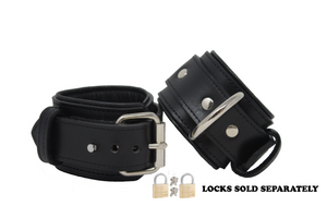 Locking Post Wrist Cuffs Premium Heavy Duty Black Leather Handcuffs