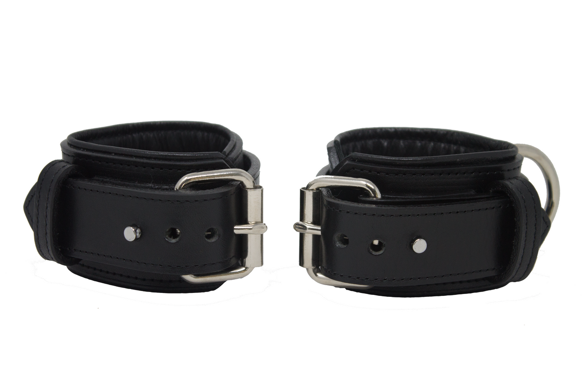 Locking Post Wrist Cuffs Premium Heavy Duty Black Leather Handcuffs ...