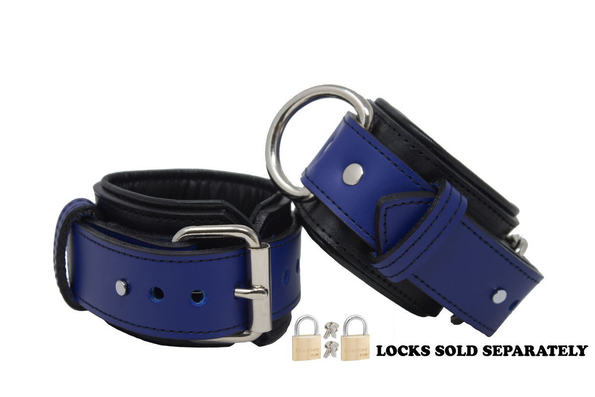 Locking Post Wrist Cuffs Premium Heavy Duty Blue Leather Handcuffs ...