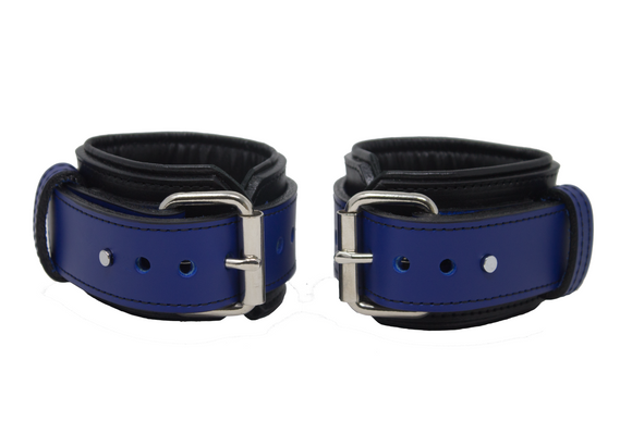 Locking Post Wrist Cuffs Premium Heavy Duty Blue Leather Handcuffs