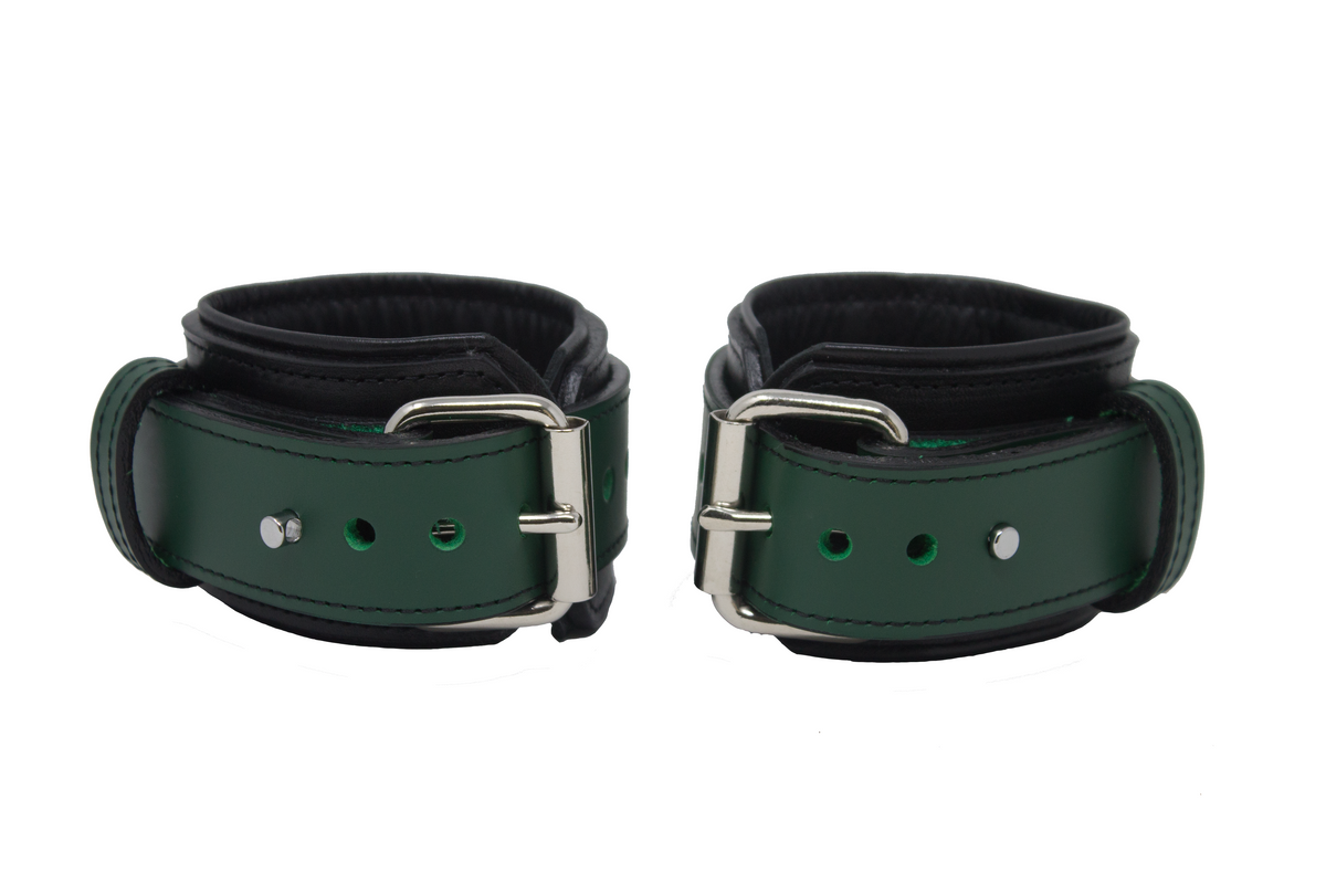 Locking Post Wrist Cuffs Premium Heavy Duty Green Leather Handcuffs ...