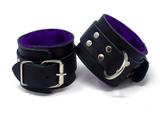 Black Soft Leather Ankle Cuffs with Purple Faux Fur Lining