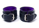 Black Soft Leather Ankle Cuffs with Purple Faux Fur Lining