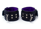 Black Soft Leather Ankle Cuffs with Purple Faux Fur Lining