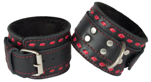 Ankle Cuffs Black and Red Buckstitched Leather Restraints