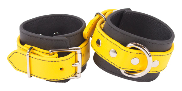 Rubber Wrist Cuffs Yellow and Black BioThane Restraints