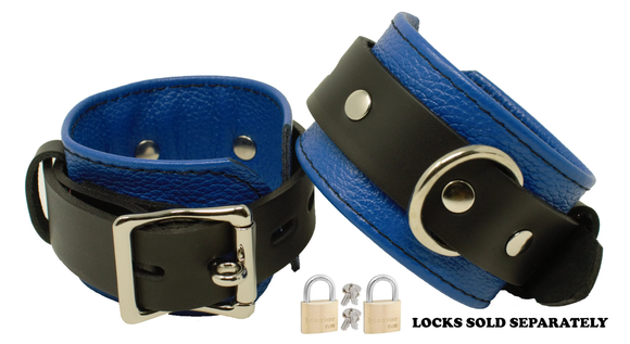 Locking Ankle Cuffs Blue and Black Leather Restraints