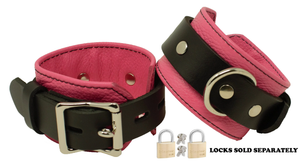 Locking Ankle Cuffs Pink and Black Leather Restraints