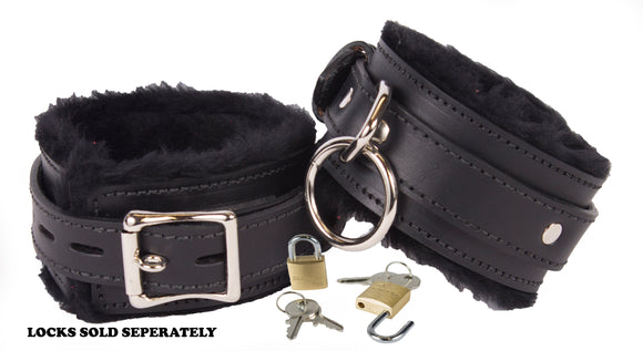 Locking Ankle Cuffs Black Leather with Black Faux Fur Lining Restraints