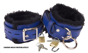 Locking Ankle Cuffs Blue Leather with Black Faux Fur Lining Restraints