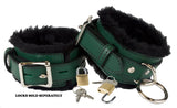 Locking Ankle Cuffs Green Leather with Black Faux Fur Lining Restraints