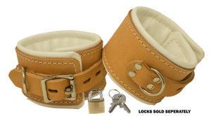 Padded Locking Ankle Cuffs Thick Hospital Style Tan/White Leather Restraints