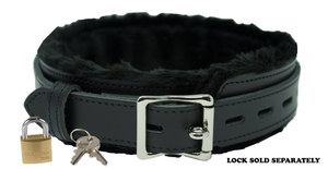 Locking Collar 1 1/2" Wide Black Leather with Black Faux Fur Lining