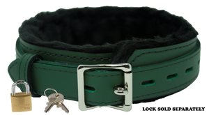 Locking Collar 1 1/2" Wide Green Leather with Black Faux Fur Lining