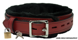 Locking Collar 1 1/2" Wide Red Leather with Black Faux Fur Lining