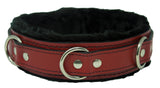 Locking Collar 1 1/2" Wide Red Leather with Black Faux Fur Lining