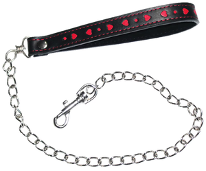 Valentines Leather Leash 24" Leather and Chain Leash Black with Red Hearts