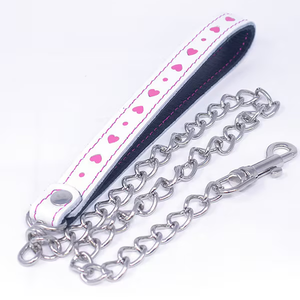 Valentines Leather Leash 24" Leather and Chain Leash White with Pink Hearts